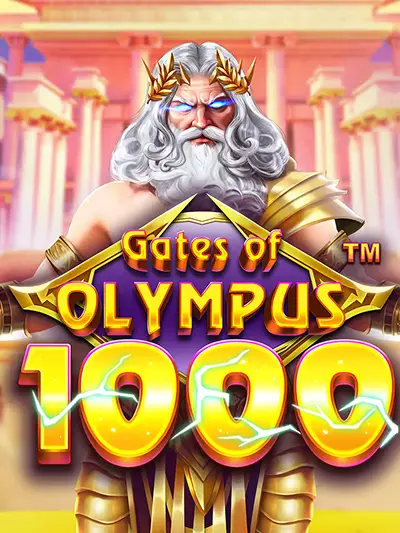 Gates of Olympus 1000 pokie thumbnail with Zeus and multiplier orbs