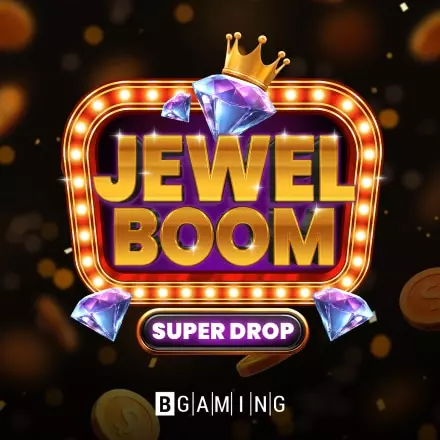 Jewel Boom Super Drop pokie thumbnail with coloured gems on a dark grid